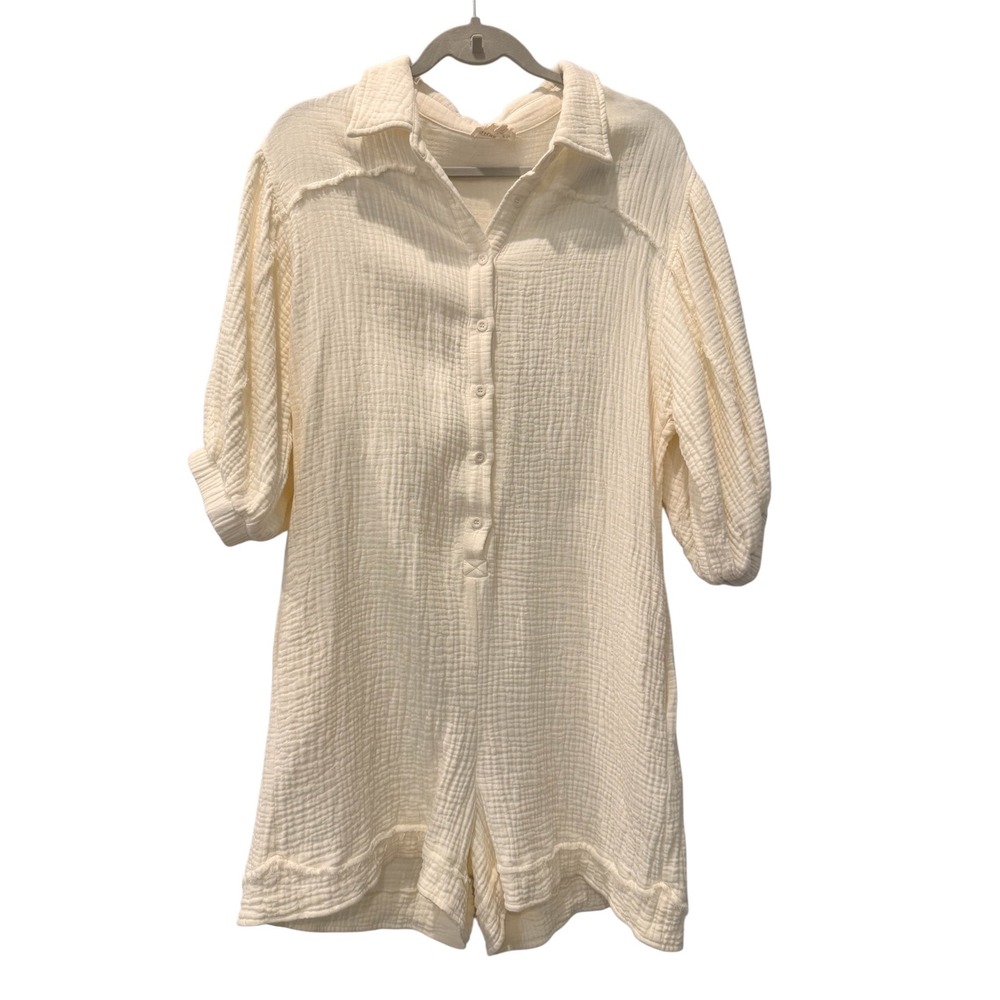 Cream Cotton Gauze Button Front Puff Sleeve Lightweight Romper Pockets Medium - Picture 3 of 11